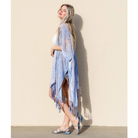 Periwinkle Floral Velvet Burnout Tassel Kimono Open Wrap Coverup Top One Size - Picture 2 of 4